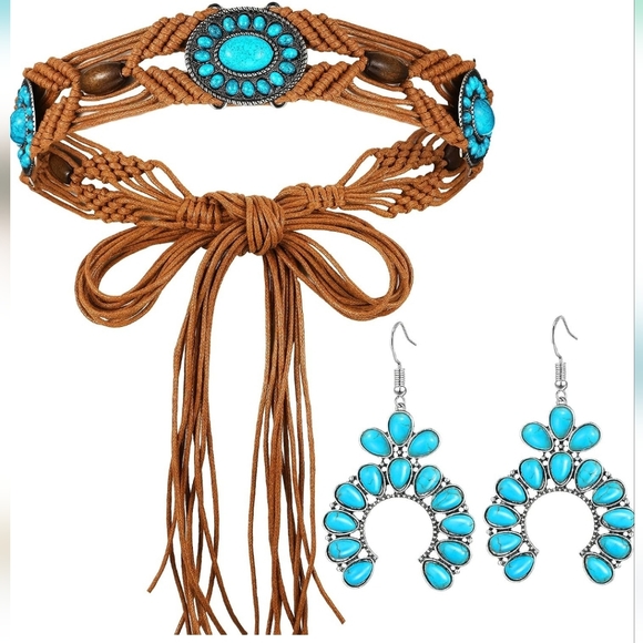 Boho turqouise belt and squash Blossom earrings - Picture 1 of 1